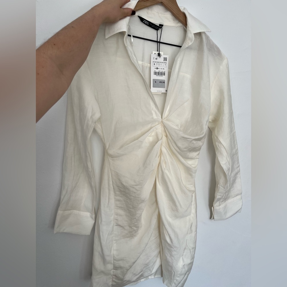 Zara NWT Ivory Cinched Long Sleeve Dress